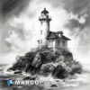 Black and white illustration on a rocks with a lighthouse on it