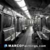 Black and white image of an empty subway train