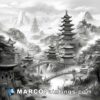 Black and white landscape artwork with asian temples