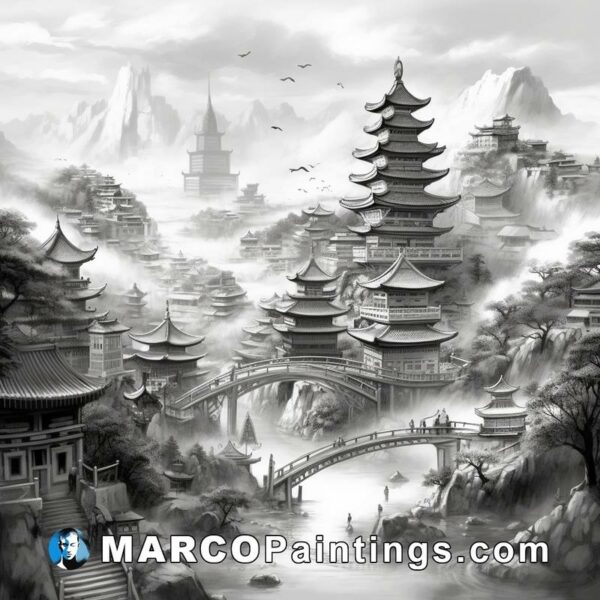 Black and white landscape artwork with asian temples