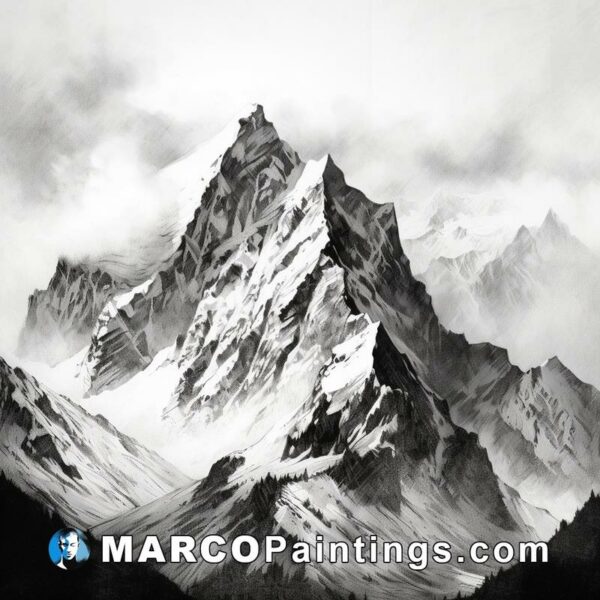 Black and white mountain painting with the clouds