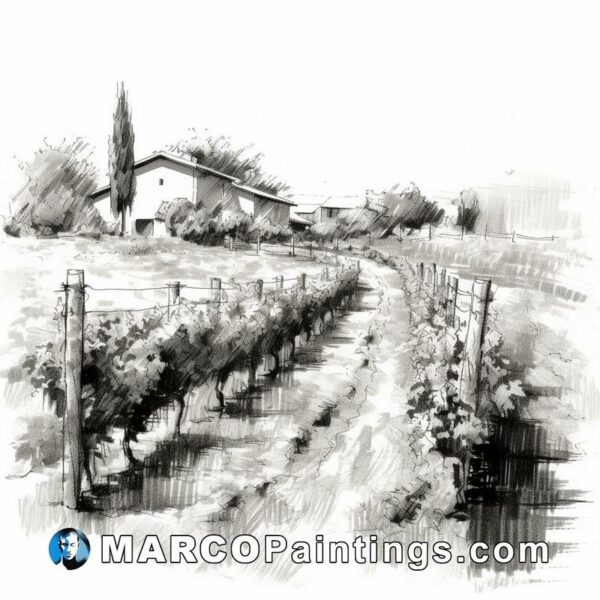 Black and white oblique line brush sketch of a vineyard