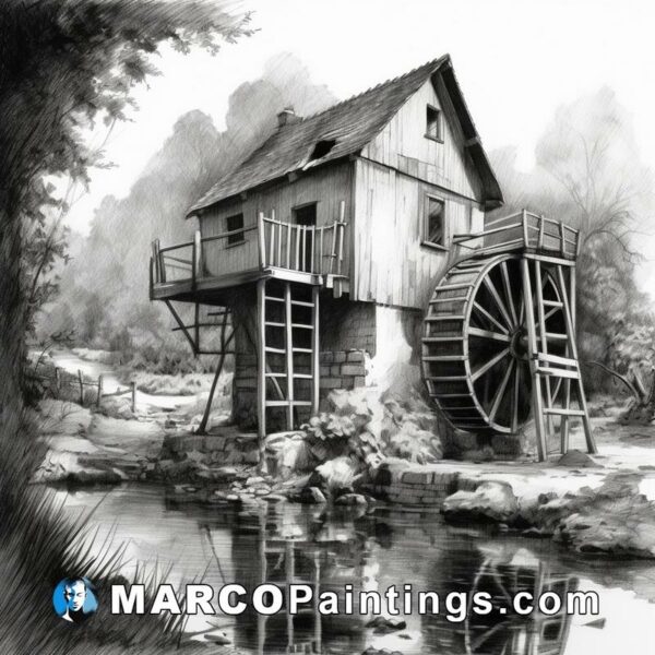 Black and white painting about the watermill