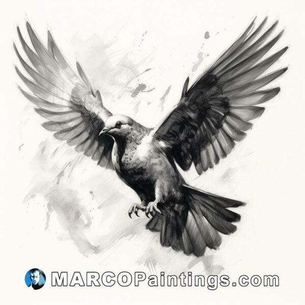 Black and white painting of a flying bird