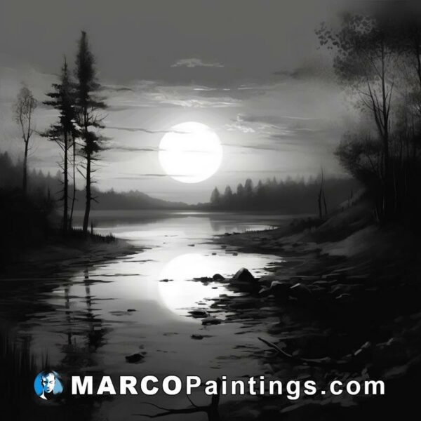 Black and white painting of a moonlight by a river with trees