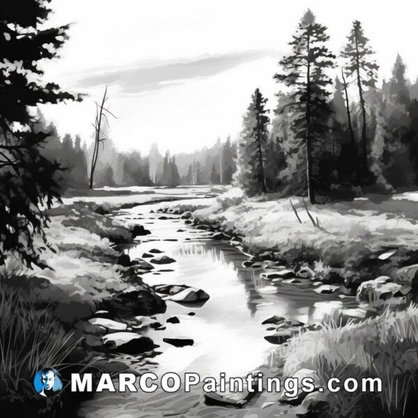 Black and white painting of a stream in the woods