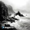 Black and white painting of fog and rocks by the sea