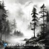 Black and white painting of misty mountains in the forest