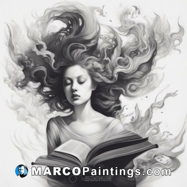 Black and white painting of woman holding an open book with flow of smoke