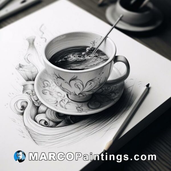 Black and white pencil drawing of a cup of tea
