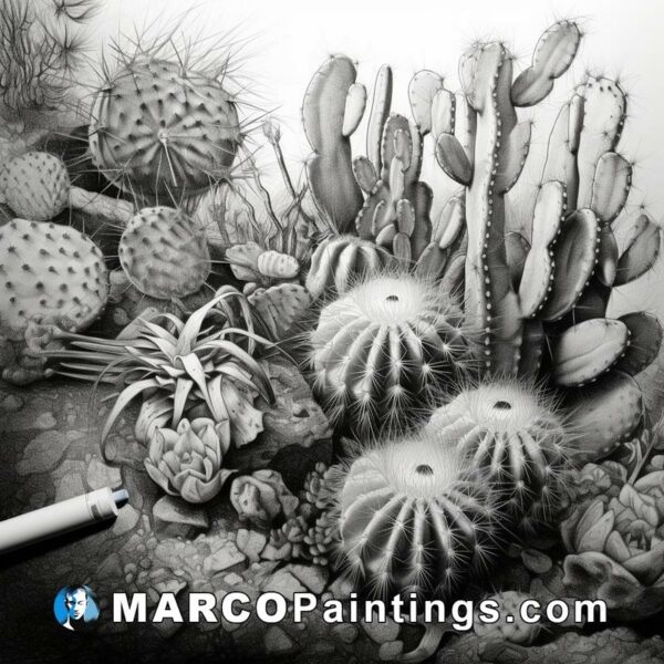 Black and white pencil drawing of a desert