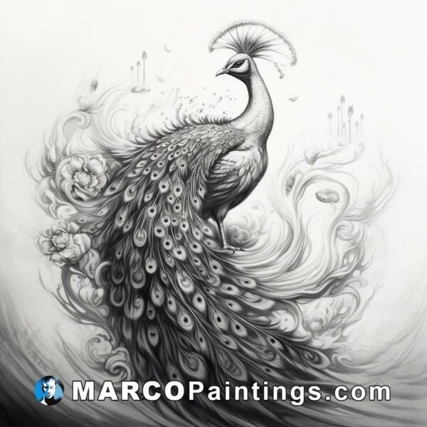 Black and white pencil drawing of a peacock