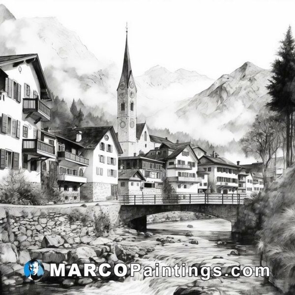 Black and white pencil drawing of an era in mountain town
