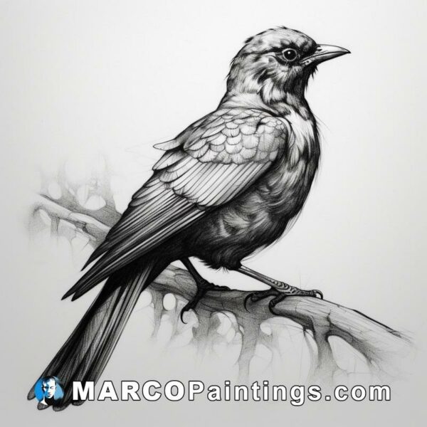 Black and white pencil sketch of a bird on a tree branch