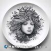 Black and white plate with a girl's face and flowers