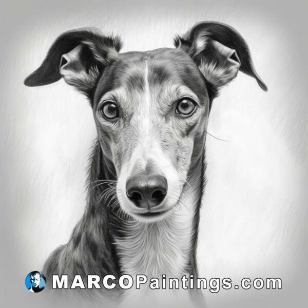 Black and white portrait drawing of a greyhound