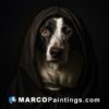 Black and white portrait of a dog with a hood on