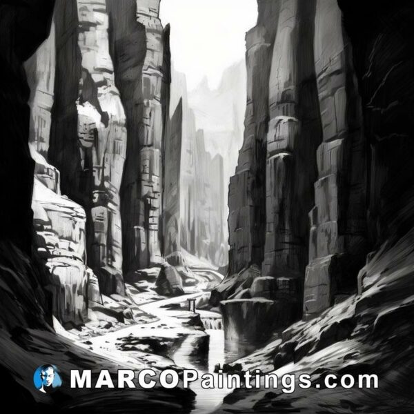 Black and white rendering of a canyon with water flowing through it