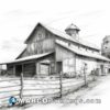 Black and white sketch of a barn in western style with fence near yard