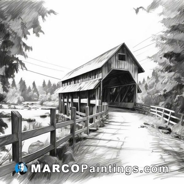 Black and white sketch of a black covered bridge over a path