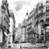 Black and white sketch of a city street in paris