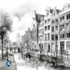 Black and white vector drawing of an amsterdam canal in the town