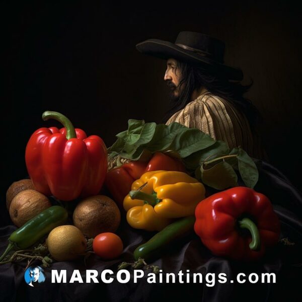 Black background over man and vegetables