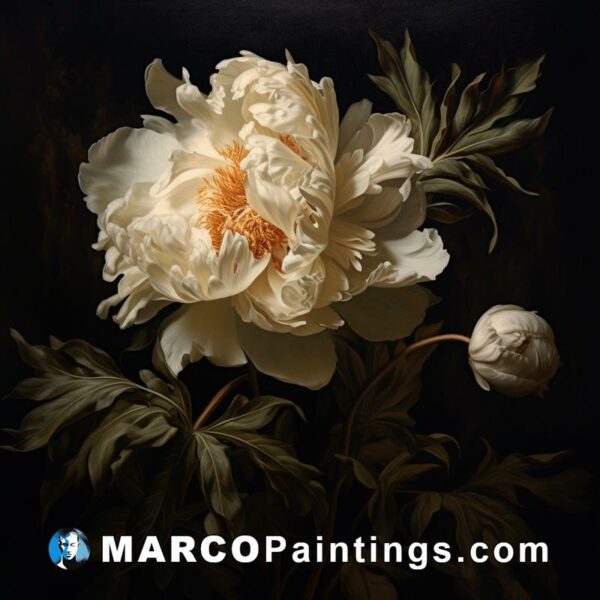 Black background with white peonies and leaves