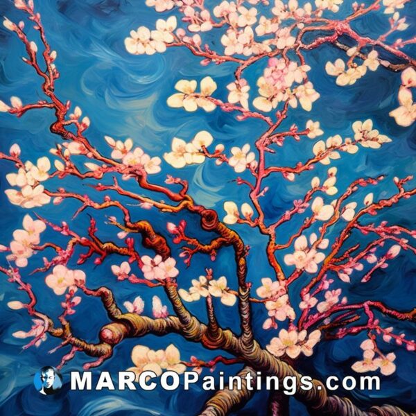 Blooming cherry blossom on blue background 24x30 oil painting on canvas