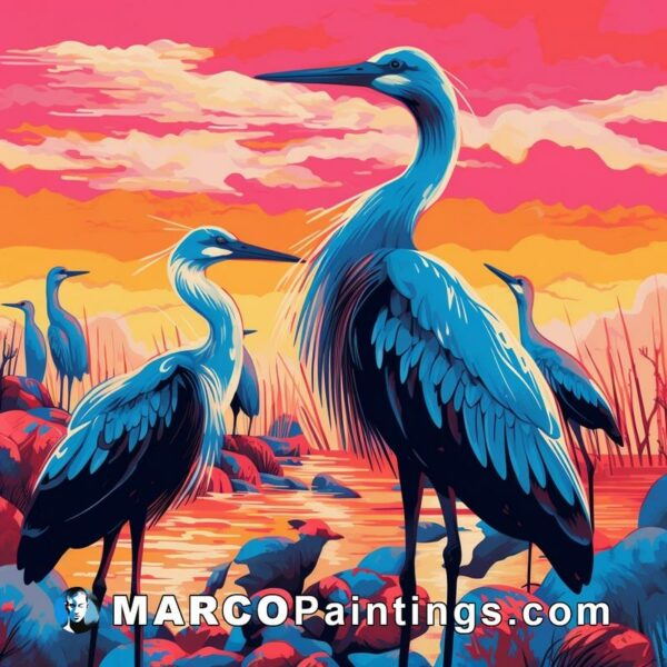 Blue herons standing by at sunset