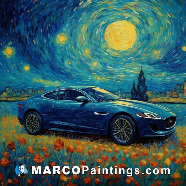 Blue sports car in the midst of a starry night