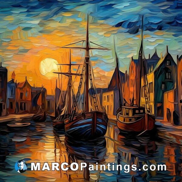 Boats in the harbor painting with the sunset