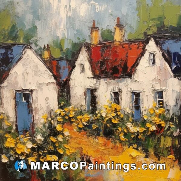 Brian burns art oil painting of cottages with yellow flowers