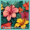 Bright and colorful hand drawn design of flowers hibiscus leaves