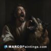 Christ is holding a german shepherd while screaming into them