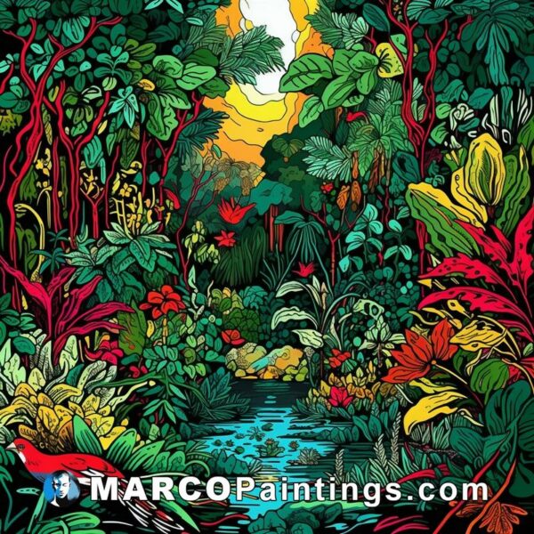 Colorful illustration of a tropical jungle at the sun