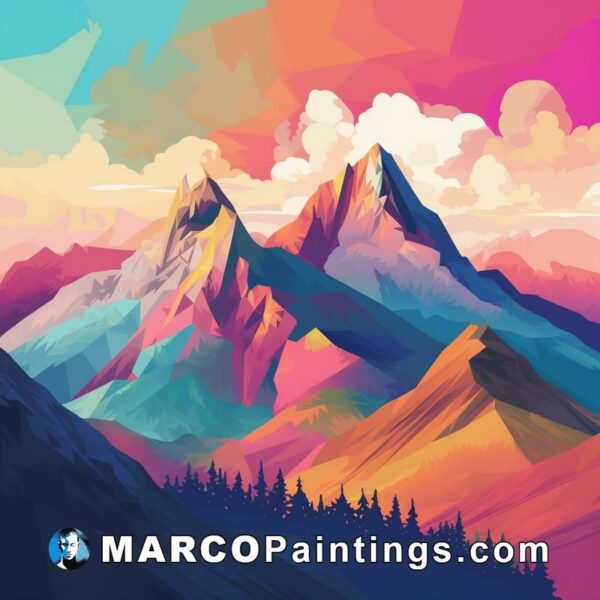 Colorful landscape drawing with mountains and clouds at sunset