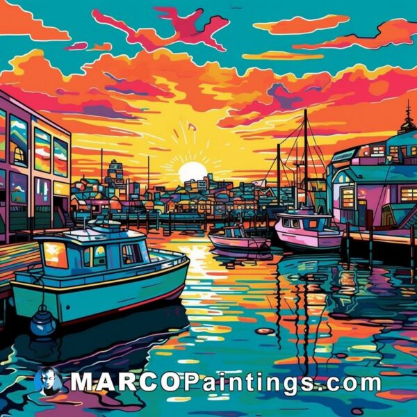 Colorful painting with boats in a harbour under a colorful sunset