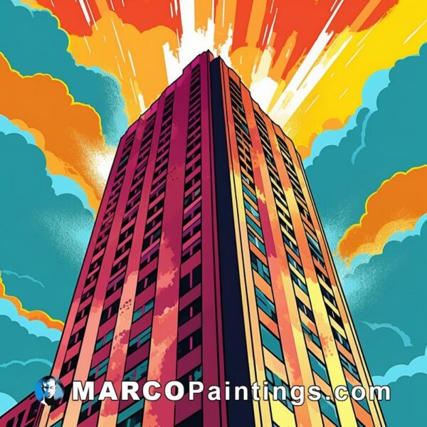 Colorful sky above a tall building