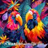 Colorful two parrots are sitting in an illustration with leaves