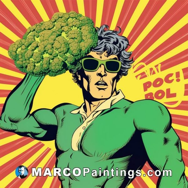 Comic super hero wearing sunglasses and is holding broccoli