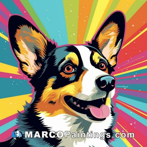 Corgi dog with colourful background and a funny smile