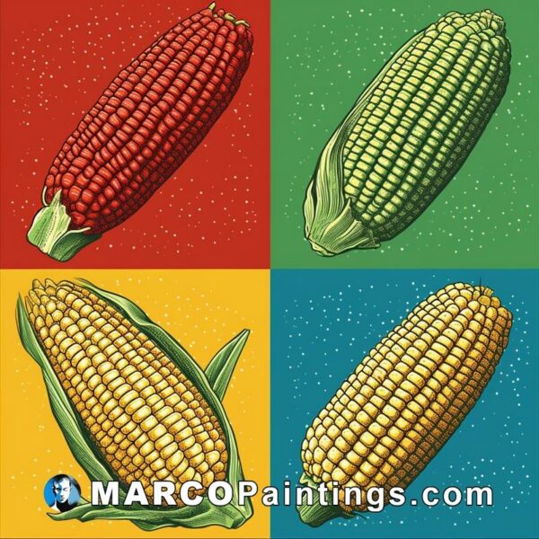 Corn illustration with four colors of cobs on different backgrounds