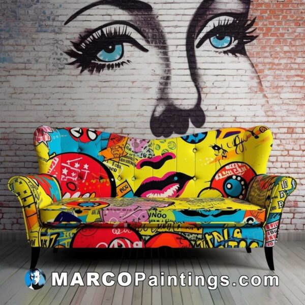 Couch with mural on wall