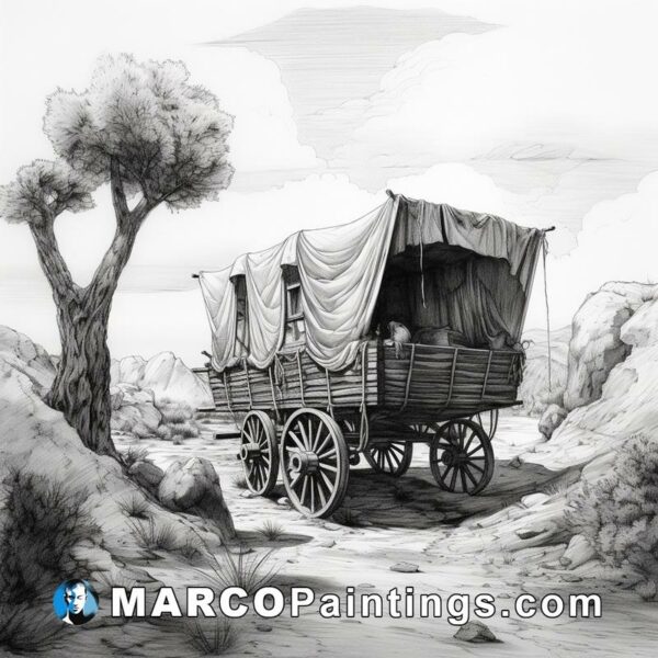 Covert wagon in black and white illustration