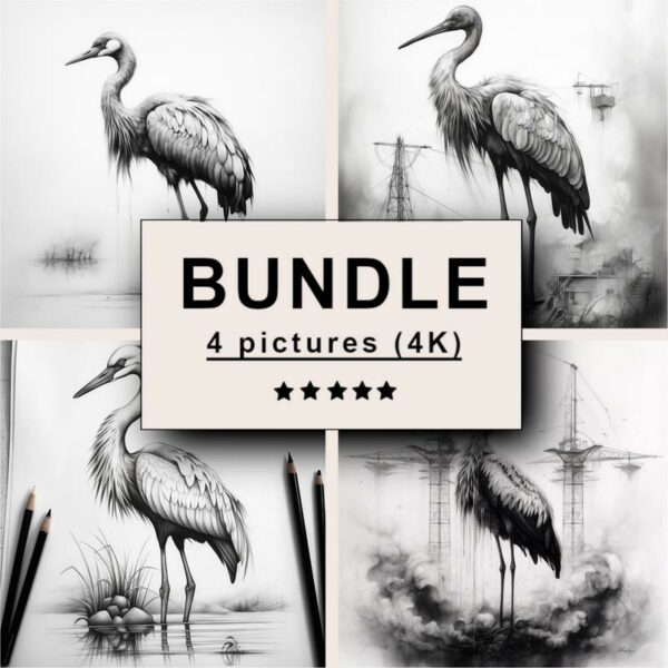 Crane Black White Draw Sketch Bundle