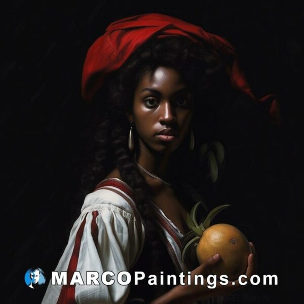 Dark portrait of african beauty holding an orange