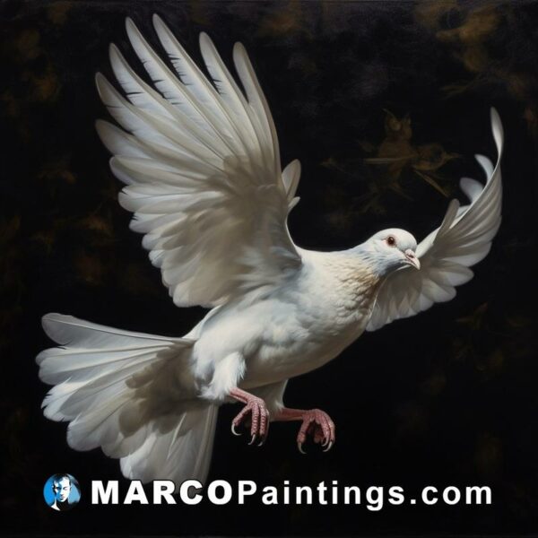 Dove flying with wings spread through black oil on canvas
