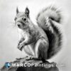 Drawing black and white portrait of squirrel sitting on a rock