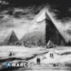 Egyptian ruins a black and white painting of a large pyramid near people